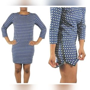 J. Crew Jet Set Geo 3/4 Sleeve Blue Dress
